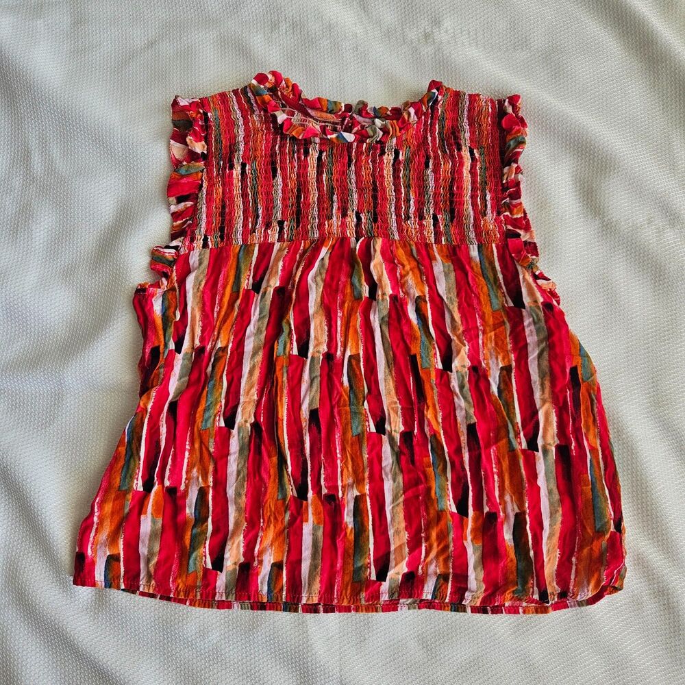 THML Multicolor Abstract Stripe Smocked Ruffle Blouse Boho Small